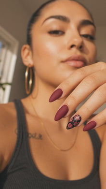 Burgundy Rose Press-On Nails – Matte Red & Wine Almond Fake Nails | Reusable Floral Nail Kit, 24 pcs