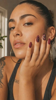 Burgundy Rose Press-On Nails – Matte Red & Wine Almond Fake Nails | Reusable Floral Nail Kit, 24 pcs
